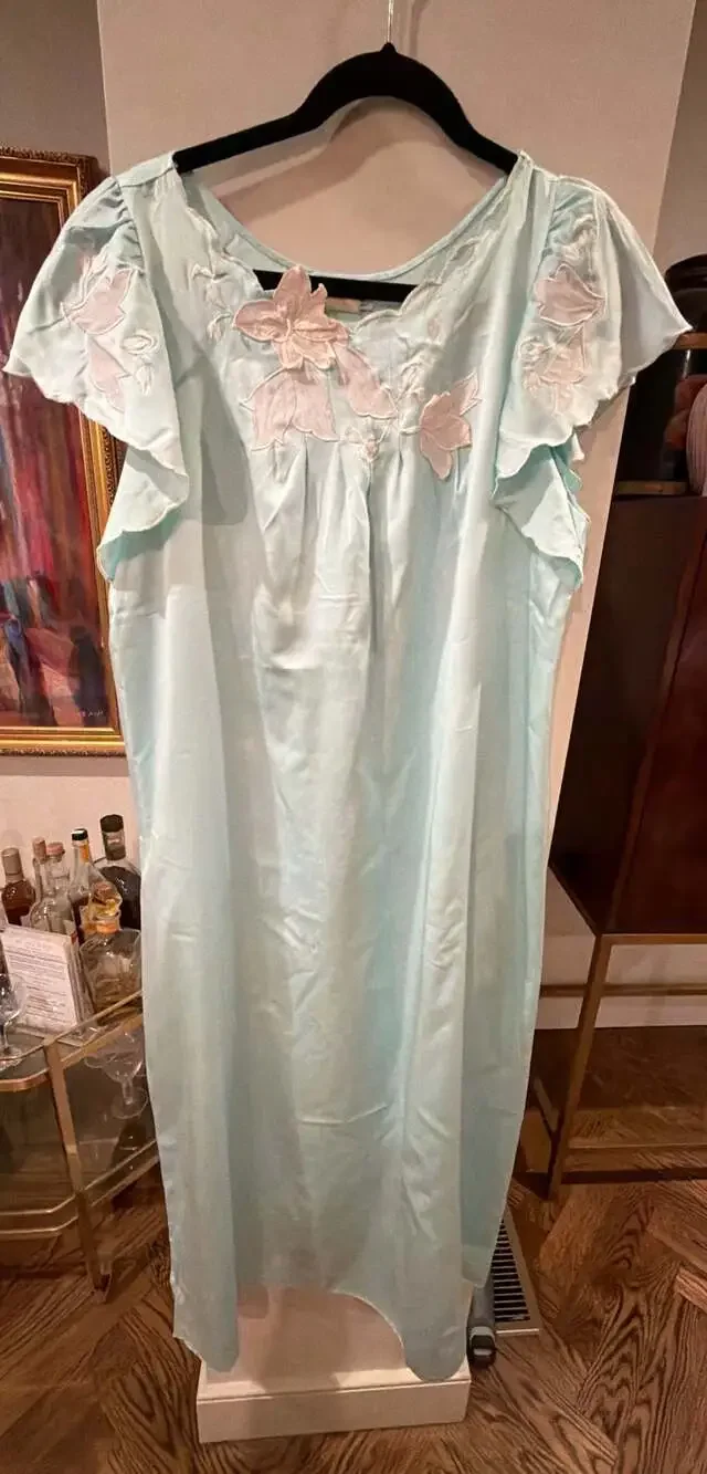 Natori Vintage Baby Blue Satin Nightgown Embroidered Floral Appliqué size S